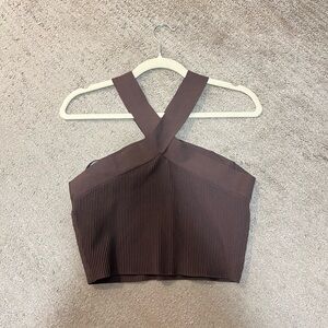 Aritzia Babaton Ribbed Brown CrissCross Knit Crop Top